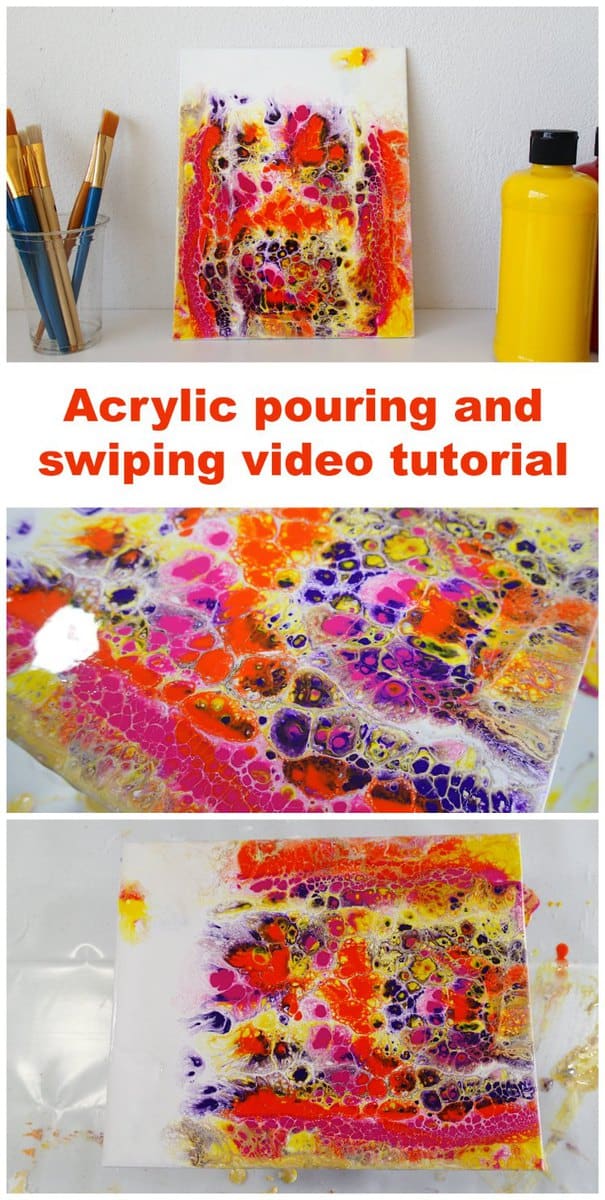 Video tutorial, how to pour and swipe this colorful painting using acrylic paints
