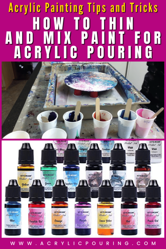 To thin and mix paint for acrylic pouring you will use two main ingredients: acrylic paint and pouring medium. You mix the paint with the medium until your final mix runs like warm honey, motor oil, or chocolate syrup. If necessary add some water to thin further.