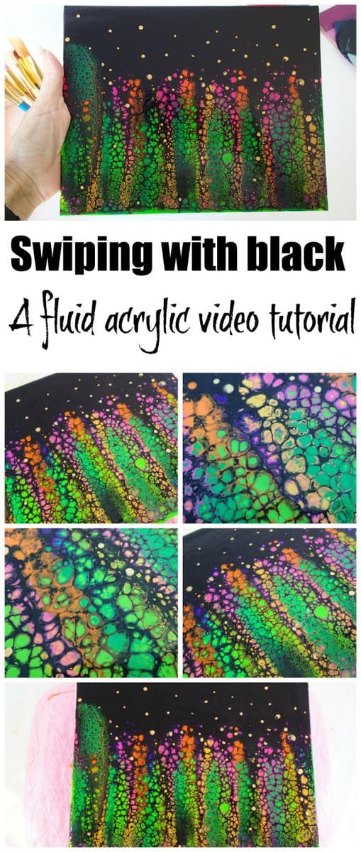 Swipingn with black paint to create a high contrast acrylic fluid painting - video tutorial