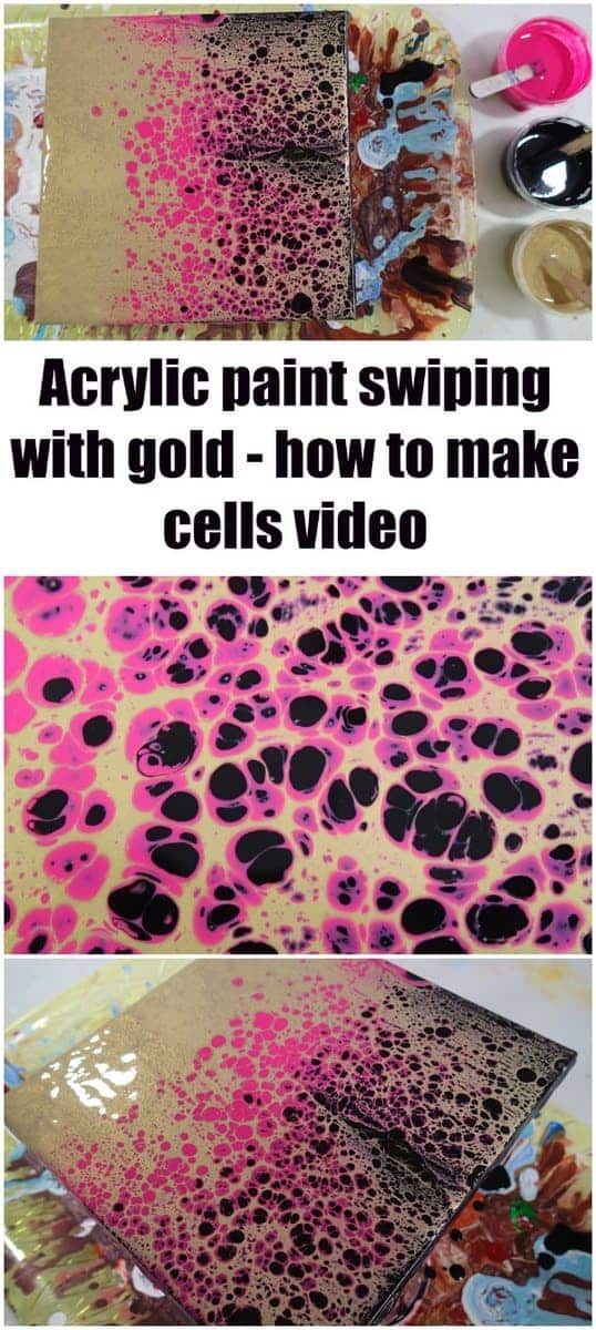 Acrylic pouring and swiping video tutorial. How to swipe with other colors, in this case a metallic gold is used for the swipe to create cells in hot pink and black.