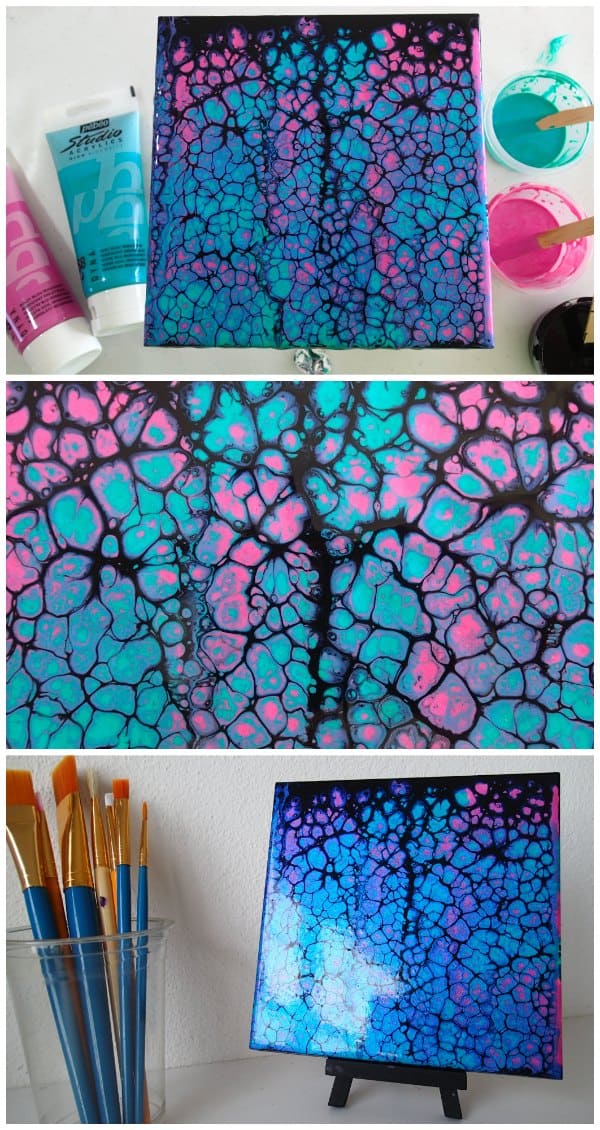 Acrylic pouring and swiping tutorial video. Black swipe using blue and pink iridescent paints. See the other videos in this 4 part YouTube painting challenge