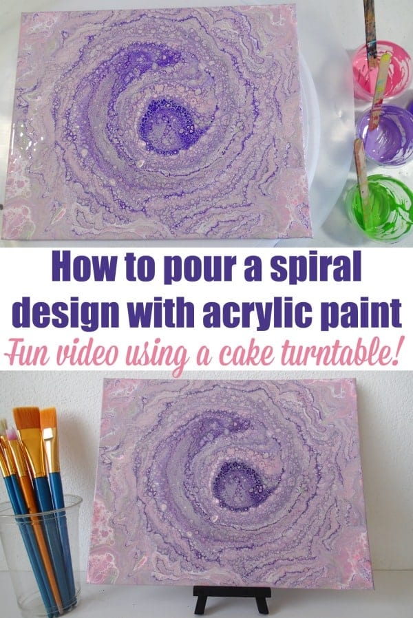 How to create a spiral design in acrylic pouring and painting using a cake turntable. This is such a fun video tutorial and I love that spiral painting.