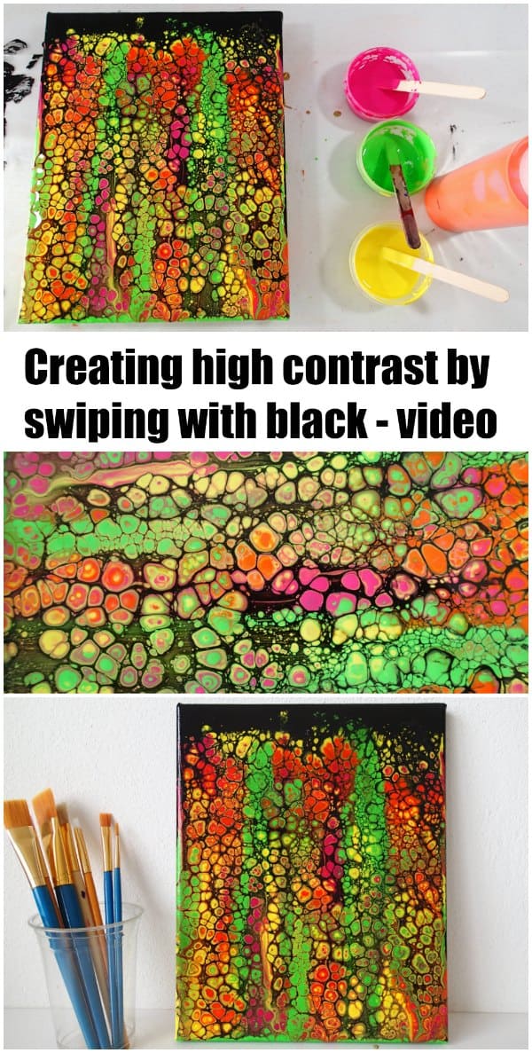 Acrylic painting, swiping with black video. How to create high contrast swipes with bright colors and black paint to swipe. Video tutorial.