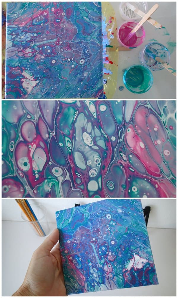 Video. Flip cup acrylic pour with cells using Pebeo Studio Acrylics Iridescent paints.