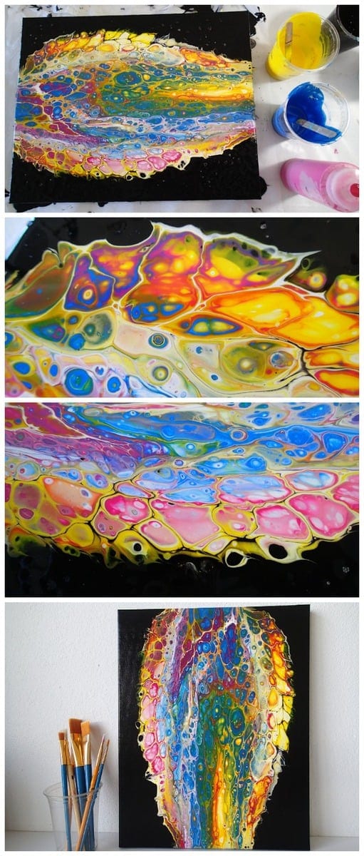 Negative space flip cup acrylic pouring video tutorial, using black negative space with CYM primary colors in the flip cup