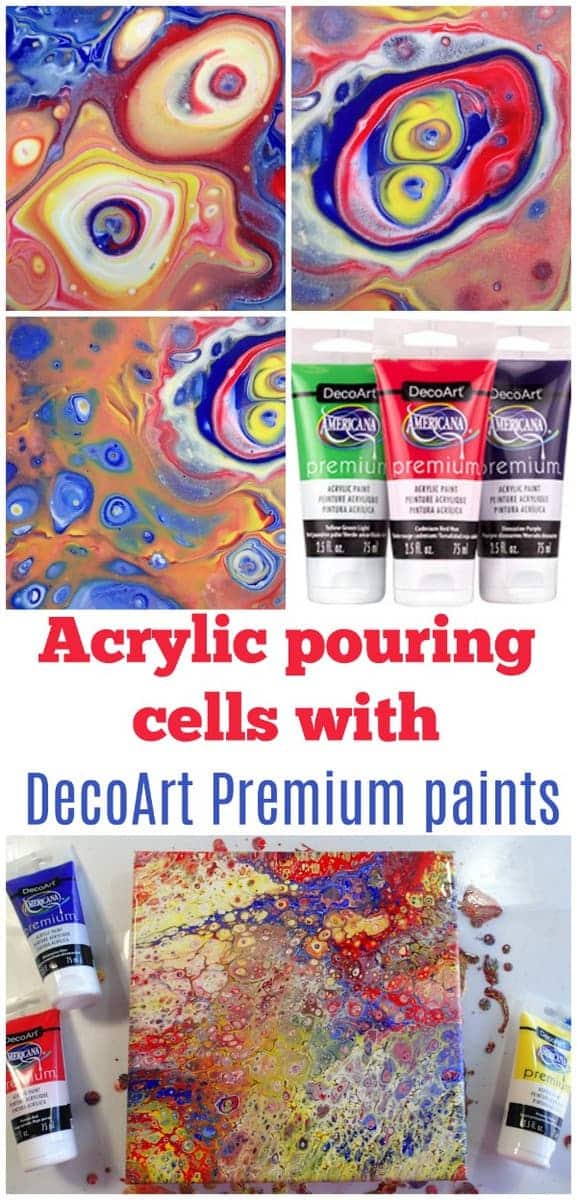 Making cells with acrylic pouring. Video tutorial and review with recipe for using DecoArt Premium acrylics, artist quality paints.
