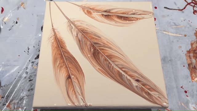 acrylic pouring fluid art painting technique string pull feather example